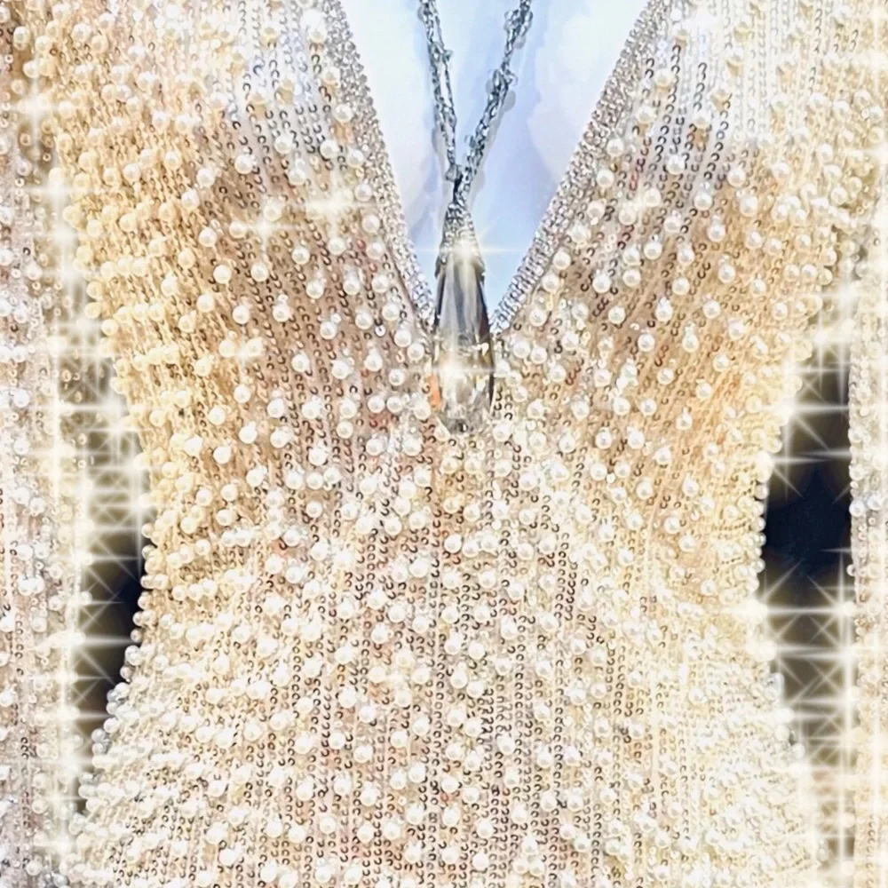 Hand Beaded Pearl Sequin Metallic Chain Long Sleeve Stunning Fancy Dress - Picture 3 of 11
